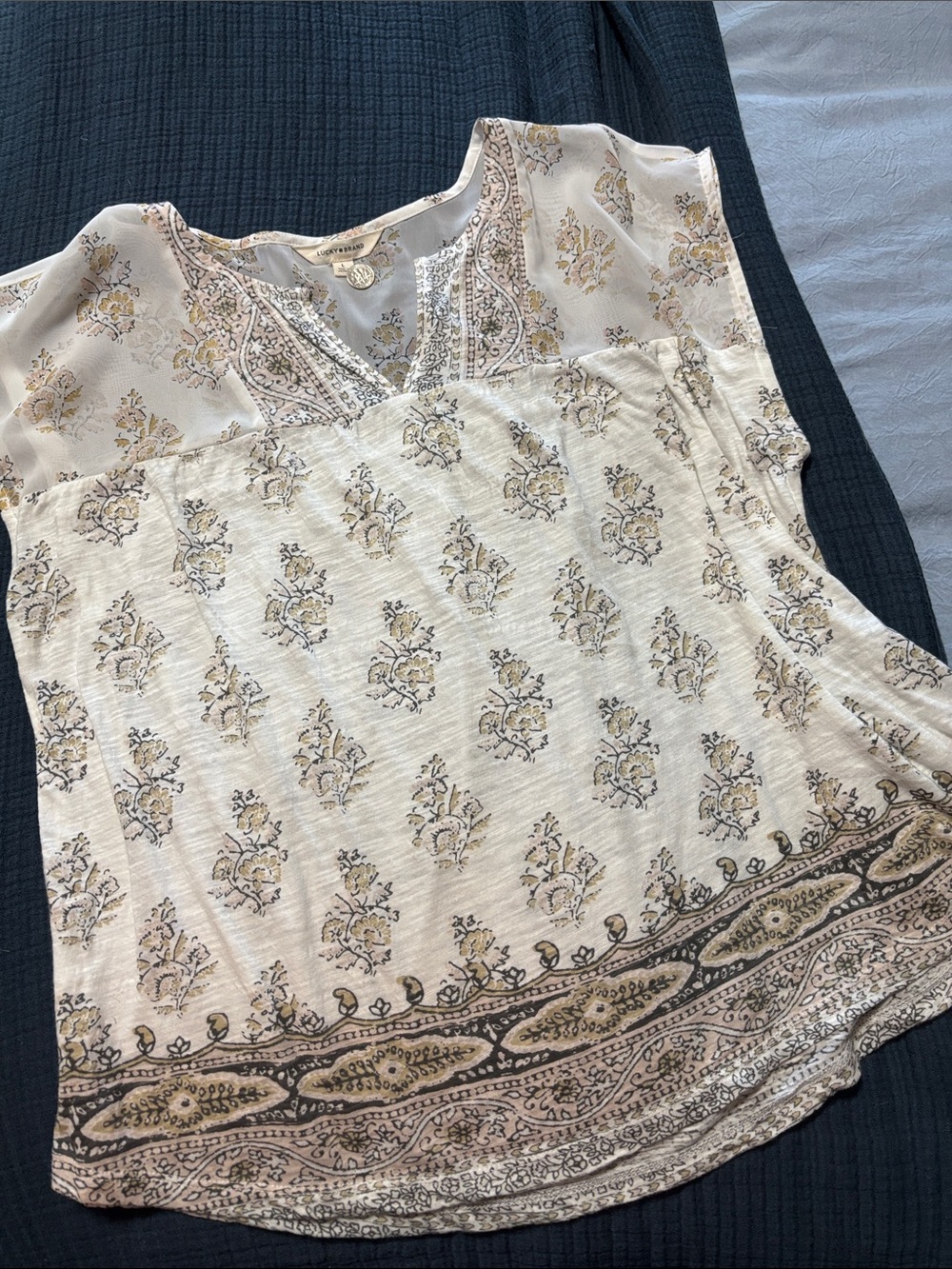 Lucky Brand Cream Paisley V-Neck Blouse with Tan Accents